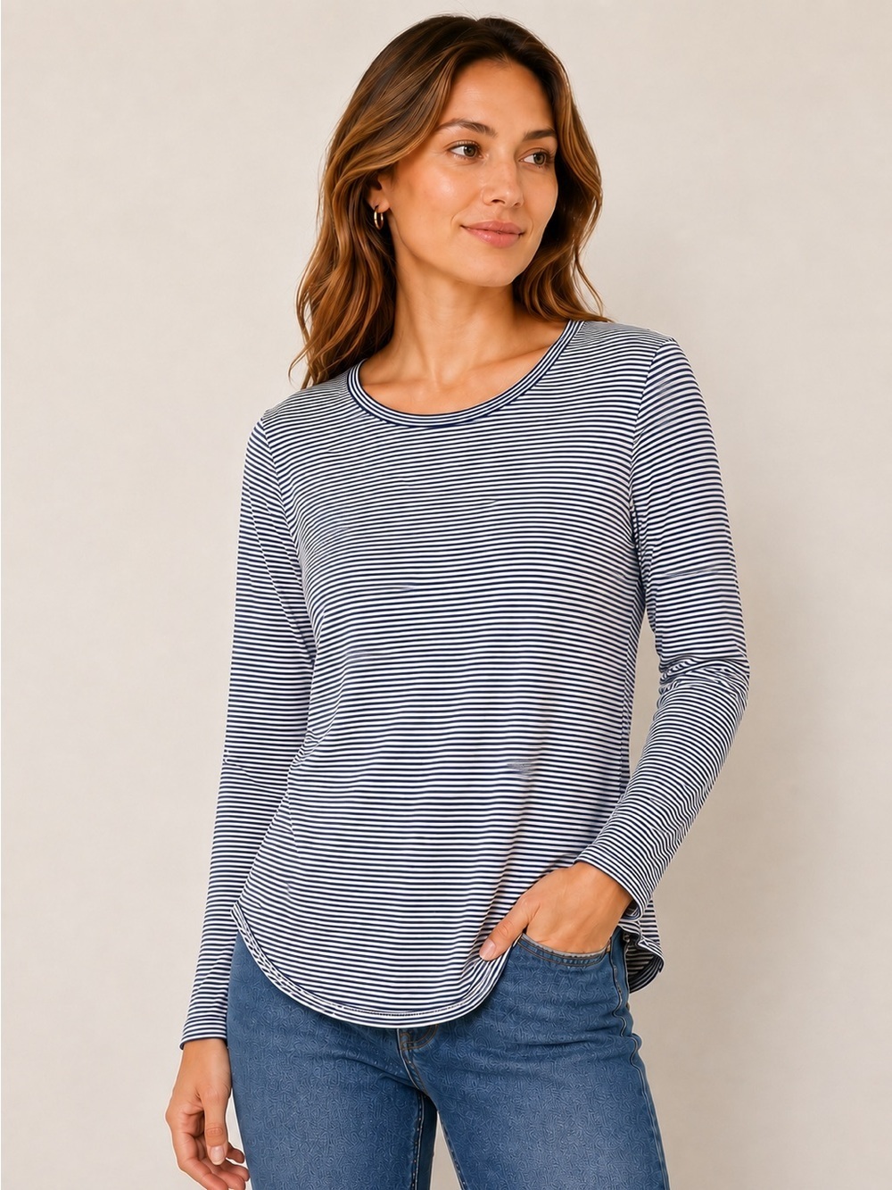 LOFT Women’s XS Knit Long Sleeve Striped Navy White Curved Hem Casual Stretch